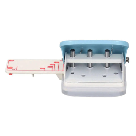 Three Hole Paper Punch Handheld for Office and School, 5 sheet capacity, metal body, blue color, top view of product with scrap collector
