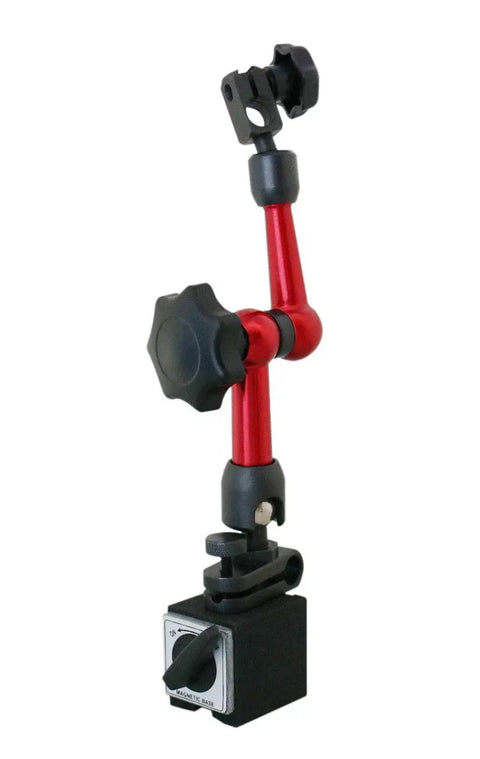 Pro Grade Dial Indicator And Magnetic Base Combo From Accusize Industrial Tools With 0-1 Inch Dial Indicator 0.001 Inch Resolution, 0.03 Inch Test Indicator With 0.0005 Inch Reading, And 30 Kg Capacity Mini Magnetic Stand Red; side view of red magnetic stand