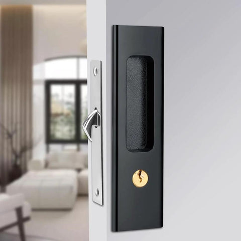Sliding Barn Door Locks With Invisible Door Handle And Keys For Wood Pocket Doors Black Hardware shown installed