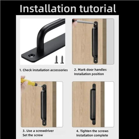 Black Aluminium Alloy Barn Door Handles Set of 2, 7 Inch Sliding Door Pull Handles with installation instructions shown.