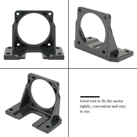 DC Motor Mounting Bracket for Mini Stepper Motors High Hardness Black Auxiliary Motor Bracket Support Fixed Base 25W Durable Metal Frame Built Tough for Stable Mounting and Easy DIY Projects shown in different angles.