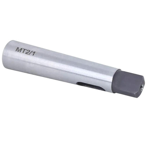 Morse taper reducing adapter MT2 to MT1 sleeve, silver metal, for lathe and metalworking.