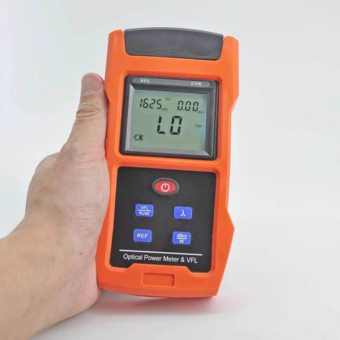 Handheld 2 In 1 Optical Power Meter And Visual Fault Locator for fiber optic testing with rechargeable battery and six wavelengths.