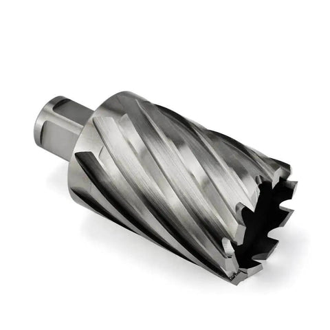 Beast Mode Annular Cutter For Magnetic Drill Press With 1-5/8 Cutting Diameter And 2 Inch Depth Weldon Shank 3/4 Inch With 2 Flat Pilot Pin Turbo Fast Hole Cutting For Metal Heavy Duty Tool By OSCARBIDE, side view.