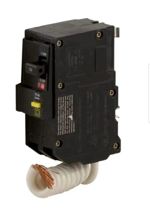 QO250GFIC 50 Amp 120/240V Miniature Circuit Breaker Three Pack For Electrical Panels, side view showing terminals and switch