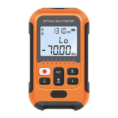 Orange optical multimeter handheld fiber tester with LCD display and control buttons.