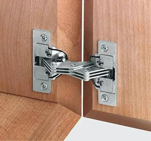 Close-up of installed Ten Case Pack Miter Flap Cabinet Hinges 45 90 1.5mm Wide With 135 Degree Opening For Doors And Flaps.
