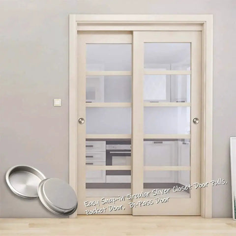 Sliding door with 4 Pack Satin Nickel Closet Door Finger Pulls Two And One Eighth Inch Inner Diameter Snap In Design visible