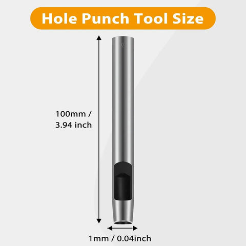 Leather Hole Punch Tool 1mm Round Hollow Punch For Leather Craft Belt Holes, shown with 100mm length and 1mm diameter measurement