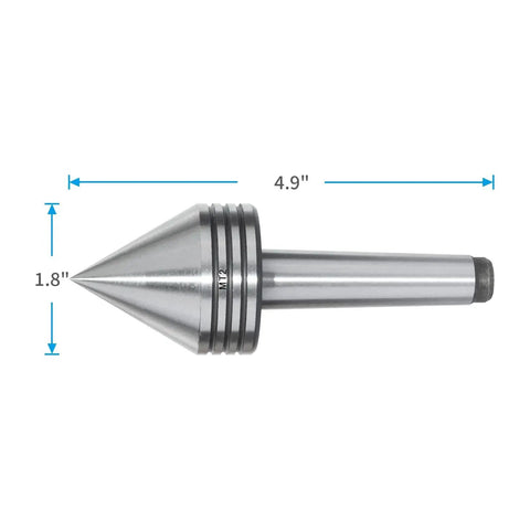 Heavy Duty MT2 Live Tailstock Center For Wood Lathe With One And Three Quarters Inch Diameter 60 Degree Point HRC Fifty Two Hardness Precision Ball Bearing Silvery Finish For Accurate Wood Turning side view
