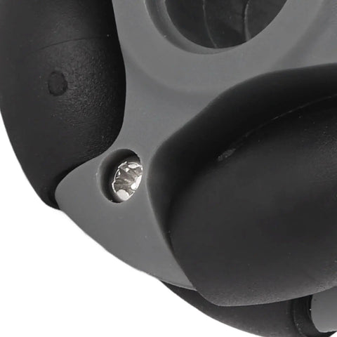 Close-up of 360 Degree Omni Directional Wheel for Robots, nylon 48mm, black and gray, with circular crossed shaft coupling.