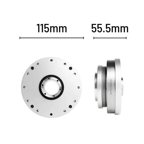 Front and side view of SHF-25-II Strain Wave Gear Reducer with Harmonic Drive Zero Backlash, lightweight and compact design, 115mm diameter.