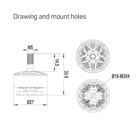 Technical diagram of 2100KV FPV Motor For 5 Inch Drones, 2207.5 Size, with N52H Magnets, showing measurements and mount holes for 6S compatibility.