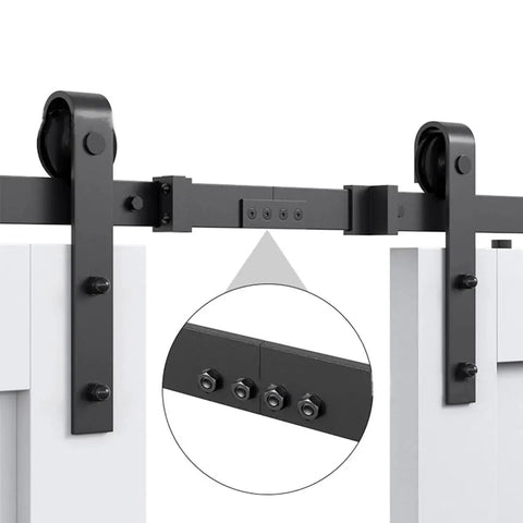 Premium Barn Door Track Splicing Connector 80x27mm Carbon Steel Black installed on sliding door rails