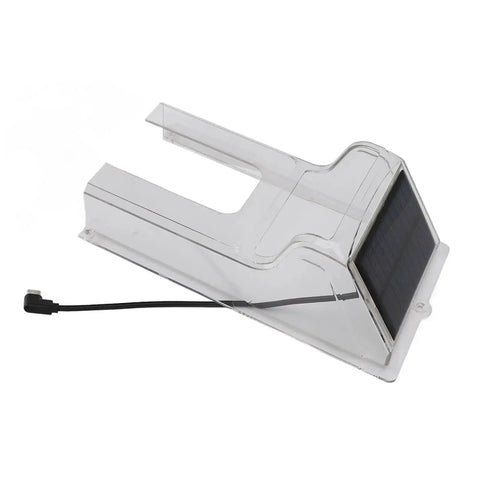 Sun Powered Doorbell Rain Cover No Fuss Shield with transparent ABS plastic, solar panel on top, weatherproof for standard doorbells.