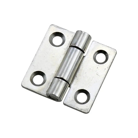 Small square damping hinge, 1.5-inch, silver metal with adjustable torque and two mounting plates.