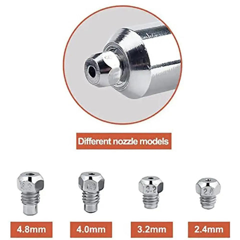 Electric Rivet Gun Attachment Kit For Drill With Four Rivet Heads 2.4mm 3.2mm 4.0mm 4.8mm shown in different sizes