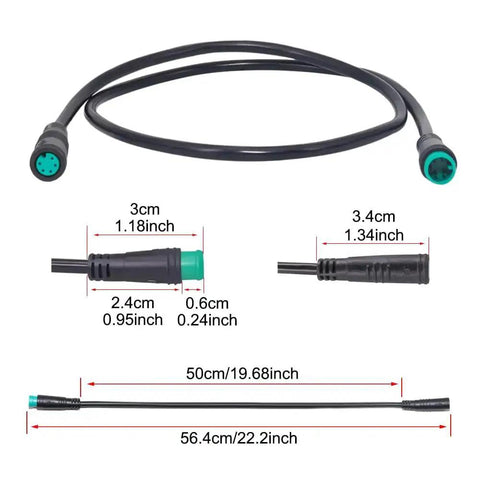 Extension Cable For Electric Bike Gear Sensor And Display, Waterproof IPX6 Connectors, showcasing 19.7in length and connector details