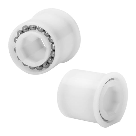 Pool cleaner wheel bearing set: two white plastic housings with metal ball bearings, 2-pack
