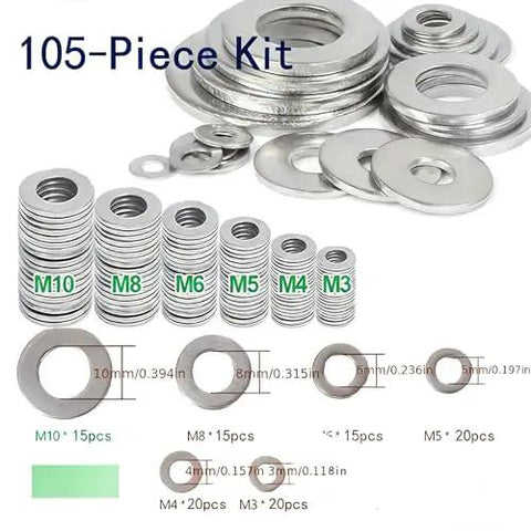 304 Stainless Steel Flat Washers Set 105 Pcs Assortment M2 To M10 For Electronics Home Repair Furniture Bicycle Maintenance And DIY Projects Corrosion Resistant Hardware Essentials