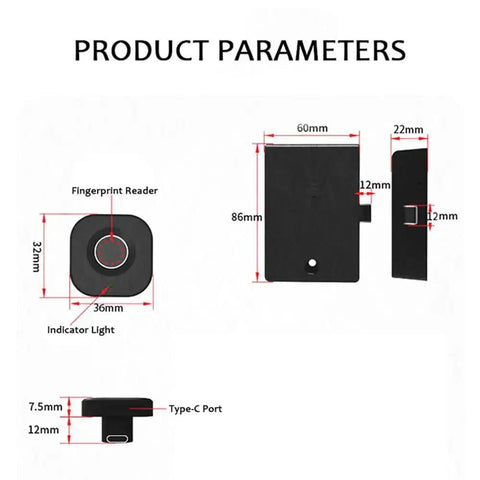 Smart Biometric Cabinet Lock With Fingerprint Access And Bluetooth App Control product parameters showing dimensions.