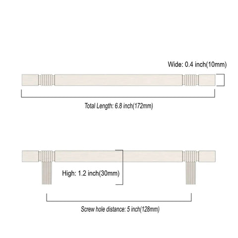 Diagram of 10 Pack 5 Inch Brushed Satin Nickel Cabinet Handles (128mm) showing dimensions and screw hole distance.