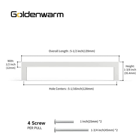 Diagram of White Stainless Steel Cabinet Pulls 25 Pack 5.5 By 1.4 Inches with measurements and screws for easy install.