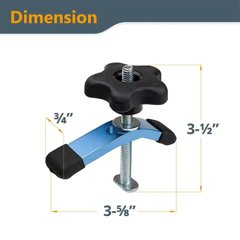 T Track Knob Kit With Mini Hold Down Clamps For Woodworking Jigs And Fixtures Includes 2 Mini Clamps 2 T-Bolts 5/16-18 X 3-1/2 Inch 12 Washers 2 Five-Star Knobs 10 1/4-20 Thru Hole Knobs And 10 1-1/2 Inch Hex Bolts, showing mini hold down clamp dimensions 3-5/8 inch by 3-1/2 inch by 3/4 inch