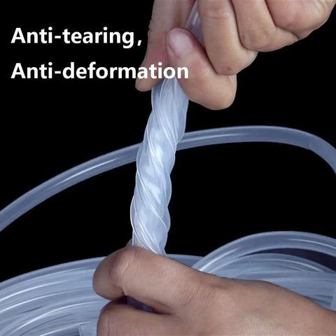 Silicone tubing, 1/4 in ID x 3/8 in OD, clear food-grade silicone, 10 ft length, hands twisting.
