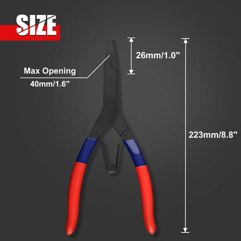 9 Inch Spring Loaded Angle Tip Locking Pliers For Retaining Rings with size dimensions and red-blue handles.