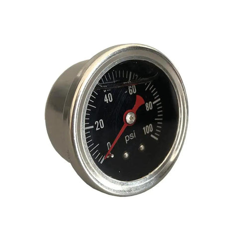 Universal Manual Inline Fuel Pressure Regulator Gauge Liquid Filled Adjustable Zero To One Hundred PSI Steel Case Black Face White Numerals