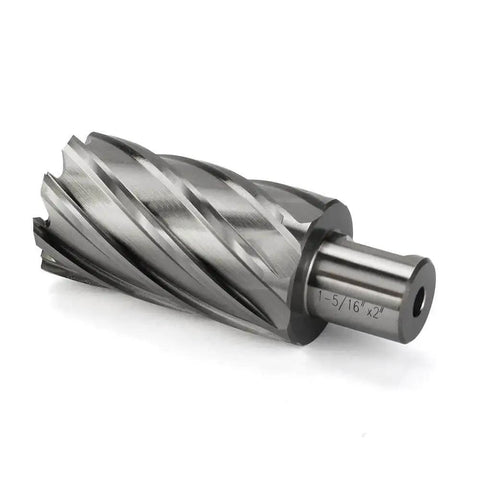 Annular Cutter Kit For Magnetic Drill Press With 1 5/16 Inch Cutting Diameter And 3/4 Inch Weldon Shank HSS Slugger Bits For Heavy Duty Metal Milling Magnetic Drills JESTUOUS close-up view showing spiral cutting edge