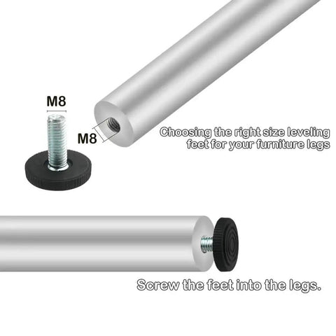 Diagram showing installation of 24 Pack M8 1.25mm Furniture Leveling Feet Screw On Adjustable Levelers for furniture stability.