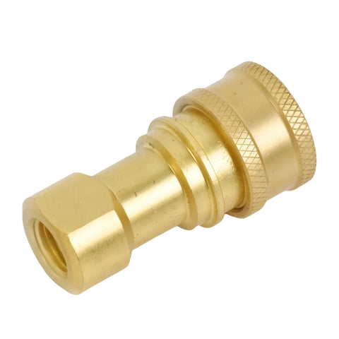 Brass 1/4 in NPTF hydraulic nipple with knurled coupling and female threaded end