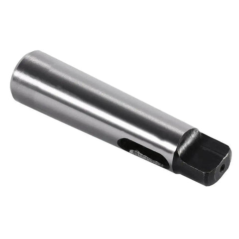 Morse taper drill sleeve adapter MT1–MT2; silver cylindrical metal body with black square drive end and side slot.