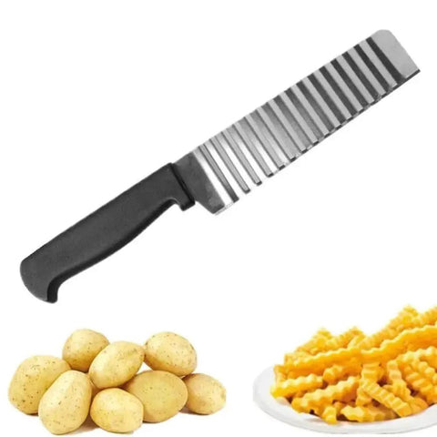 Two Piece Stainless Steel Crinkle Cut Slicer Set For Potatoes Fruits And Vegetables Wavy Blade Potato Cutter Chopper shown with potatoes.