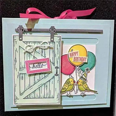 Greeting card with Door Background Clear Stamp and Die Set, featuring a door design, birds, and balloons for scrapbooking