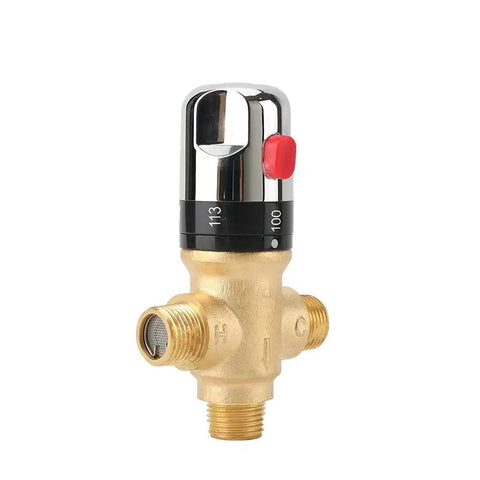 Shower Thermostatic Mixing Valve From TreMax With One Half Inch NPT Thread US Standard in solid brass with gold finish and Fahrenheit scale.