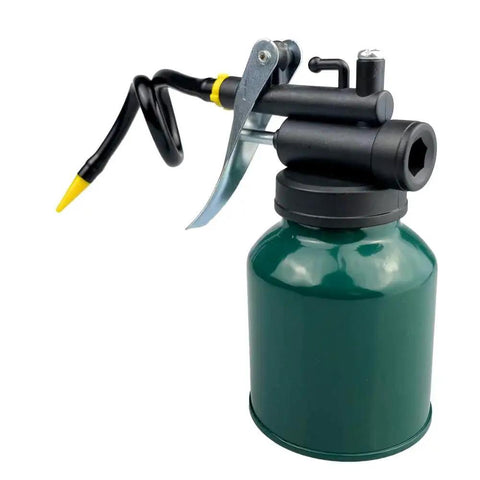 Green Metal Pistol Pump Oil Can With Long Flexible 9 Inch Spout And 3 Inch Straight Spout 8 Ounce Oil Oiler For Lubrication Of Machinery And Tools One Hand Operation Built In Pressure Pump For Hard To Reach Areas