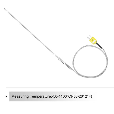 K-type thermocouple temperature probe with stainless steel shaft, 3.2x300mm, braided wire and yellow plug connector.