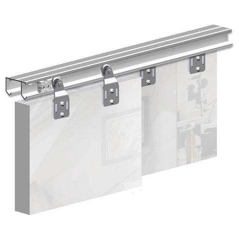 Sliding Closet Door Hardware Kit With 47 Inch Double Track For Two Bypass Doors Up To 100 Lbs Per Door Ceiling Mounted Top Hung Track Cut To Fit Five Eighths To One And A Half Inch Doors In Silver Finish.