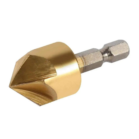 Pro Grade HSS Countersink Drill Bit Set 6mm To 19mm With One Quarter Inch Hex Shank 90 Degree Chamfer Cutter For Woodworking Cabinets And DIY Projects Five Flute High Speed Steel Coated For Long Life front view showing gold coating and hex shank