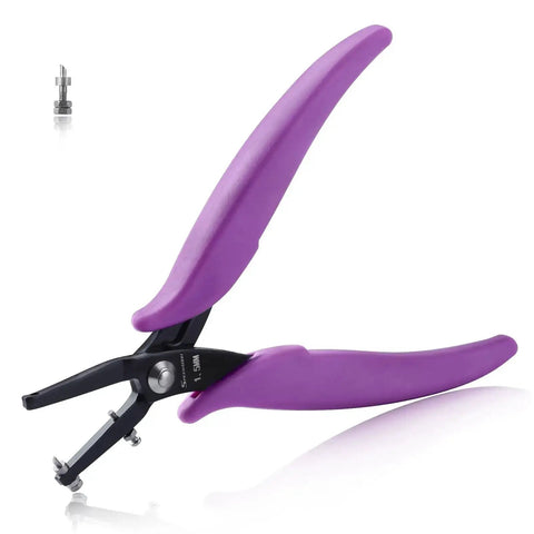 1.5mm Round Hole Punch Pliers For Soft Sheet Metal Long Jaw Craft Tool with ergonomic purple handles.