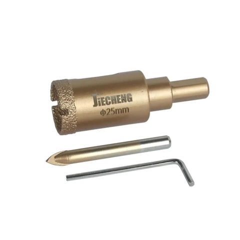 Brazed Diamond 1 Inch Hole Saw With Center Drill Bit For Ceramic Porcelain Tile Glass Marble Granite Quartz Gemstone Dry Drilling 25mm Cutting Depth 35mm Shank 9.5mm Three Eighths Inch Triangular Handle viewed from the front, showing gold color and 25mm marking.