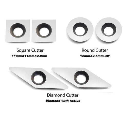 Square, round, and diamond carbide cutters included in Pro Grade Mini Carbide Wood Turning Tools Set With Comfort Grip Handles By YUFUTOL.