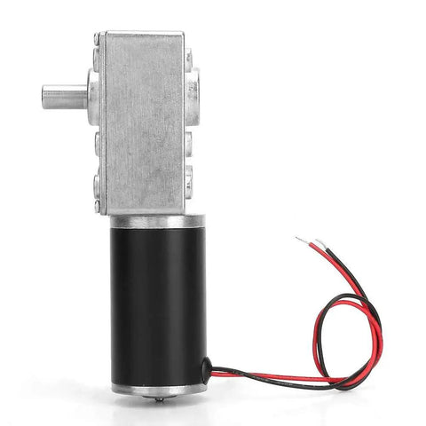 Side view of DC 12V Gear Motor With 50 RPM Output, high torque reduction electric motor, reversible gearbox, 8mm shaft, wires visible.