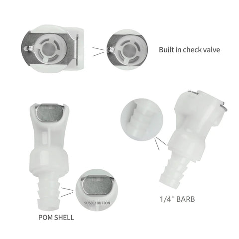 BBTUS plastic hose barb inline quick connector with 1/4 inch barb; includes 1 male and 1 female, built-in check valve.