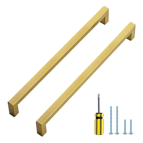 10 Pack Square Cabinet Pulls 10 Inch Brushed Brass Gold Kitchen Cabinet Handles, two pulls with screws and screwdriver