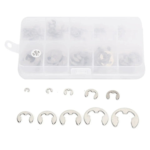 120 Piece External E Clip Circlip Retaining Ring Set Stainless Steel For Quick Fixes And DIY Projects One Point Five Mm To Ten Mm Range With Rustproof Burr Free Design For Indoor And Outdoor Use displayed in plastic box with various sizes