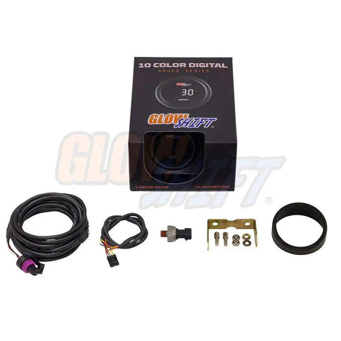 Digital 10 Color Oil Pressure Gauge Kit With 0 To 145 Psi Range packaging and components, includes wiring and sensor by GlowShift